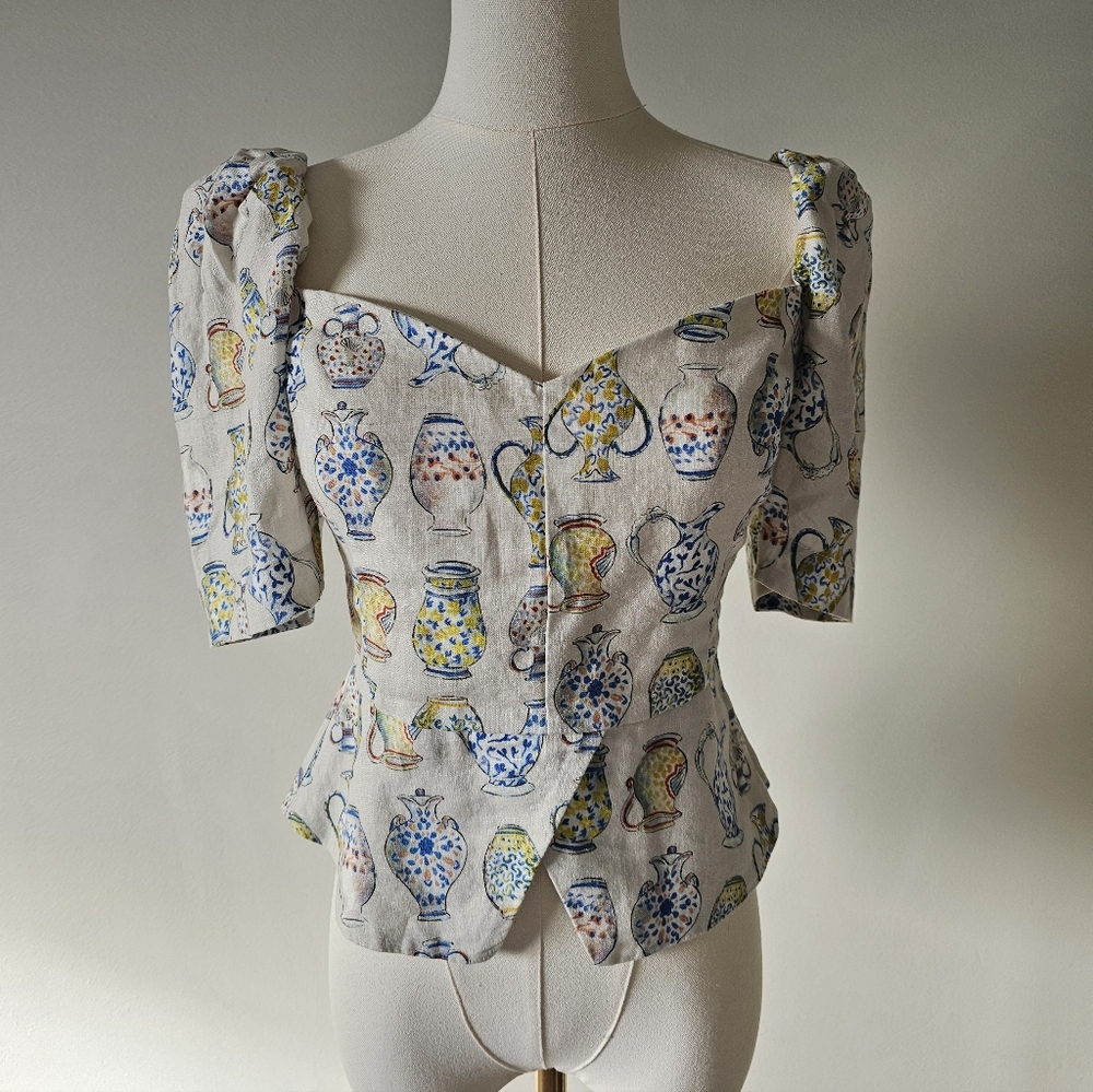 Aritzia Wilfred S Linen Smocked Fatale Vase Blouse Floral Print Women's Top